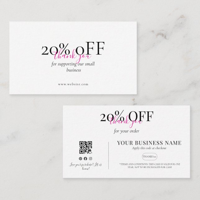 Minimal Thank You QR Discount Card Blush Pink Visitenkarte (Vorne/Hinten)