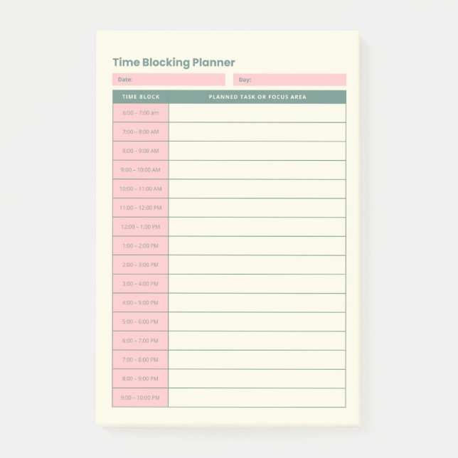 Minimal Time Blocking Planner Pink Layout Post-it Klebezettel (Vorderseite)