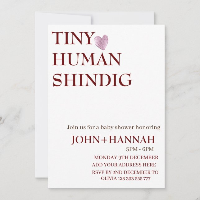 Minimal Tiny Human Shindig Funny Co-ed Baby Dusche Einladung (Vorderseite)