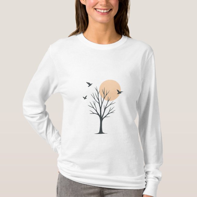 Minimal Tree & Birds Sunset Women’s T-Shirt (Vorderseite)
