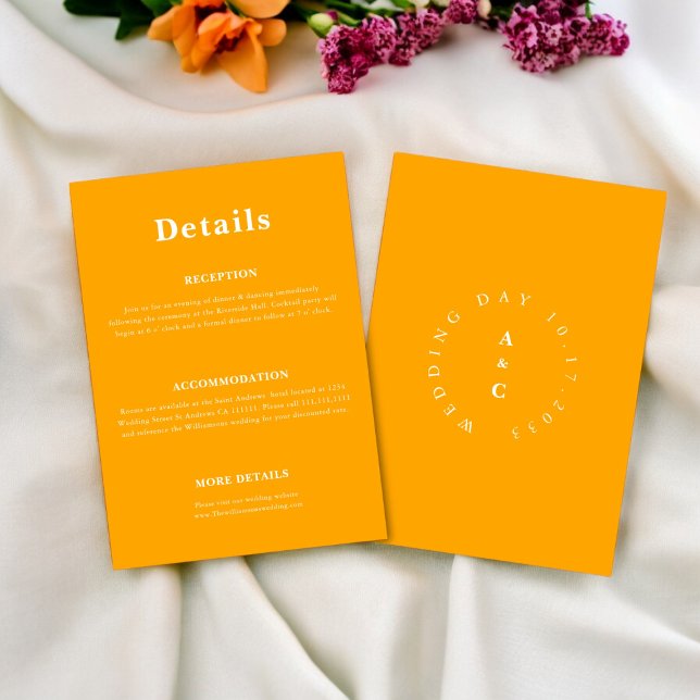 Minimal trendy lässige Hochzeitsdetails Einschließ Begleitkarte (fun orange bold wedding details card , mix and match wedding ststionary , editable ,downloadable ,
)