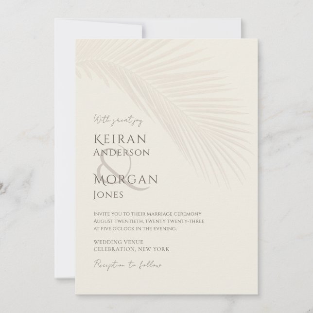 Minimal Tropical Palm Leaf Boho Beach Wedding Einladung (Vorderseite)