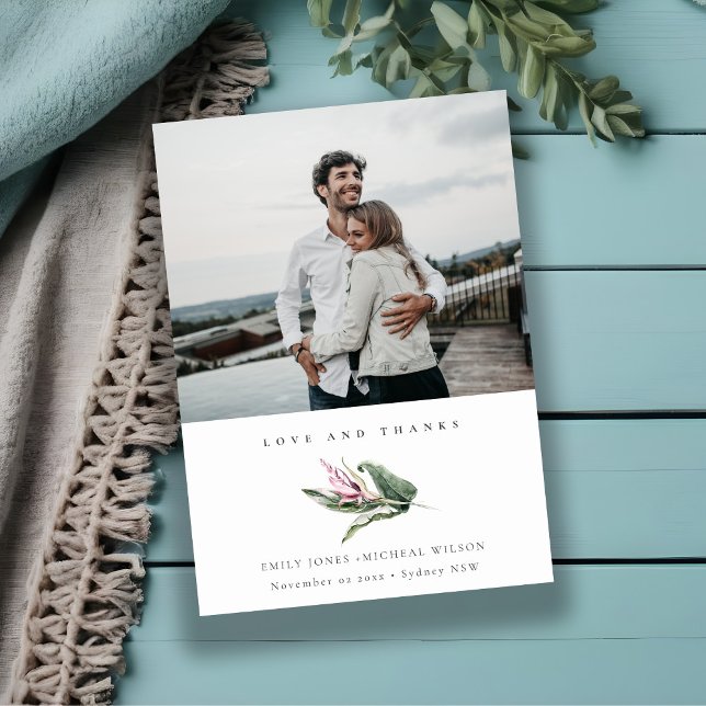 Minimal tropische Blätter Pink Foto Hochzeit Dankeskarte (Von Creator hochgeladen)