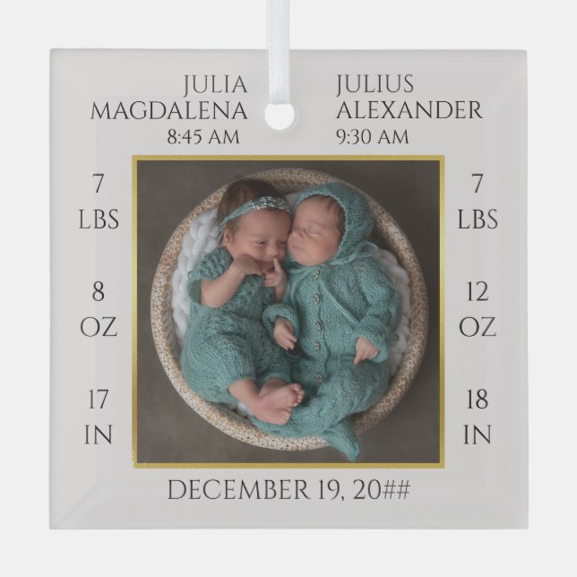 Minimal Twin Baby Name Geburtsstat Foto Keepake Ornament Aus Glas (Vorderseite)