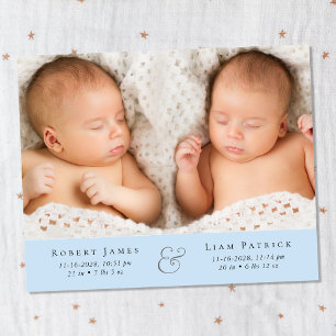 Minimal Twin Boys Foto Blue Birth Ankündigung
