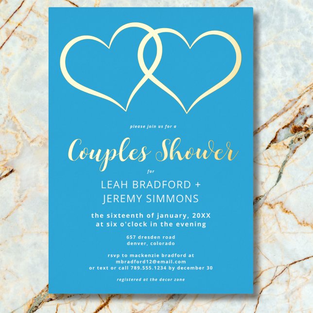 Minimal Two Hearts Dusche für blaue Paare Folieneinladung (Minimal Two Hearts French Blue Couple Shower Photo Foil Invitation)