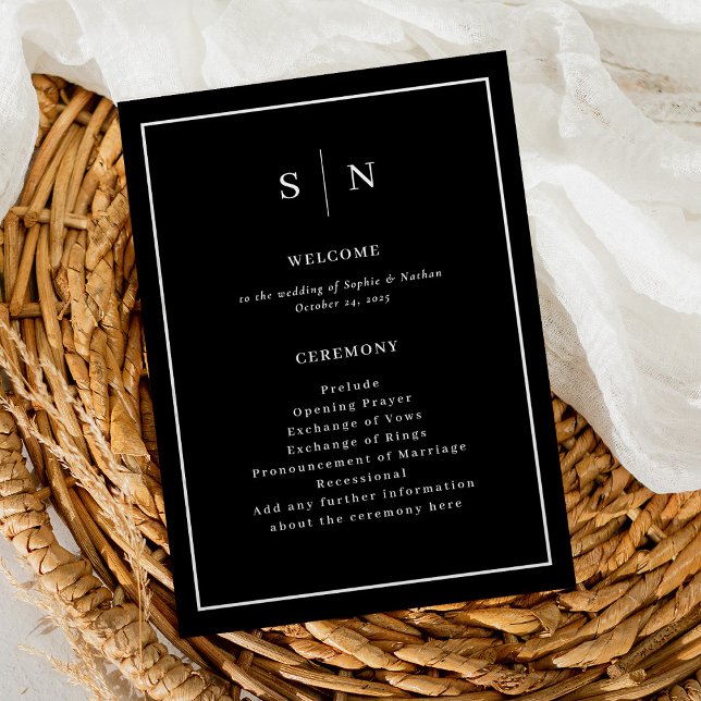 Minimal und Chic Black | Elegante Hochzeit an der  Programm (A minimal and chic, dark black wedding program with your monogram)