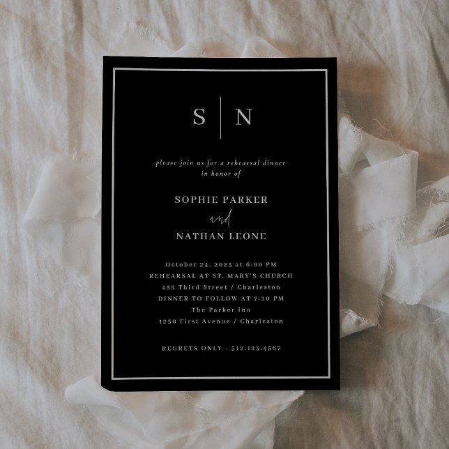 Minimal und Chic Black | Elegantes Probe Dinner Einladung (A dark, black, modern and elegant choice for your wedding rehearsal dinner invitation)