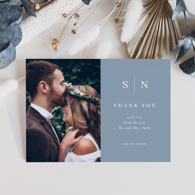 Minimal und Chic | Dusty Blue Two Foto Wedding Dankeskarte (Von Creator hochgeladen)