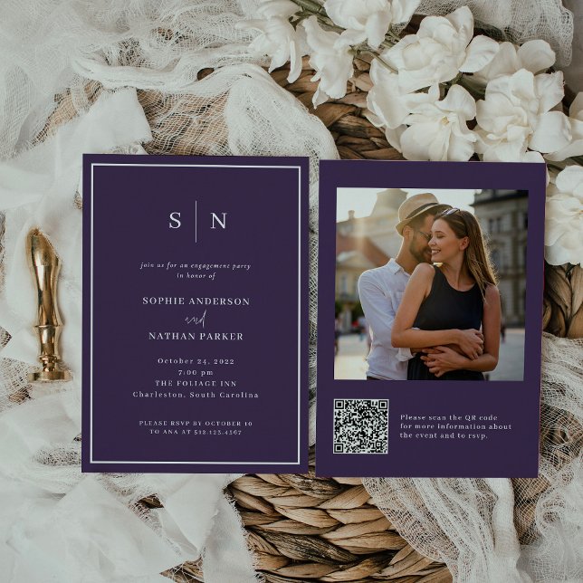 Minimal und Chic | Foto des QR-Codes der Vertragsp Einladung (A colorful and modern engagement party invitation in dark purple!)