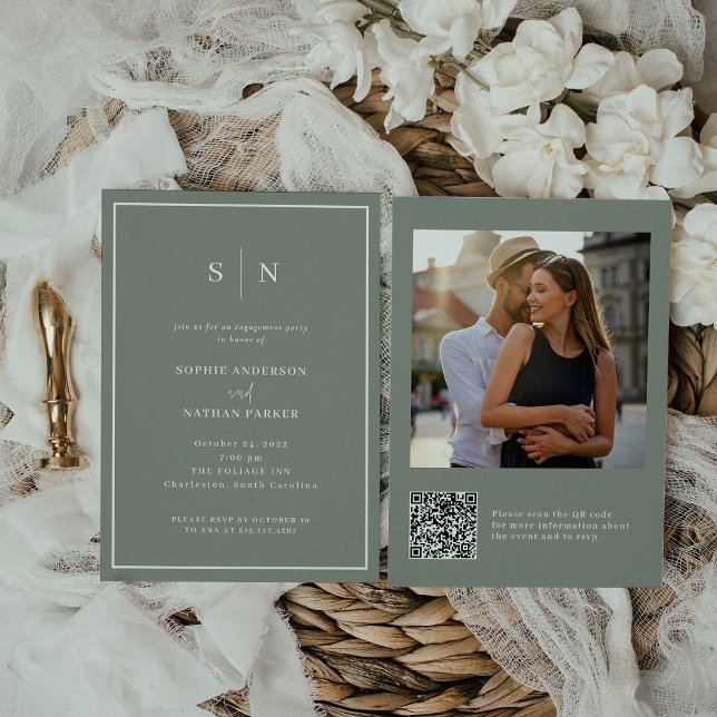 Minimal und Chic | Foto des QR-Codes der Vertragsp Einladung (A dreamy engagement party invite in trendy sage green)
