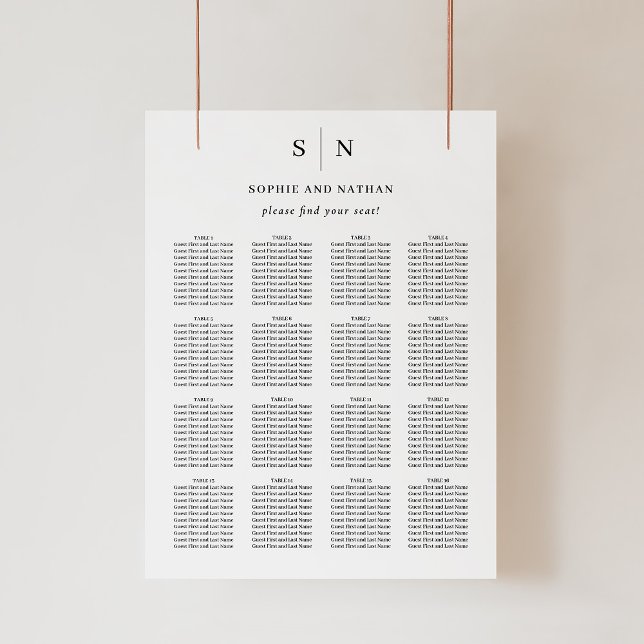 Minimal und Chic | Hochzeitssitzdiagramm Poster (A simple and modern wedding seating chart in black and white)