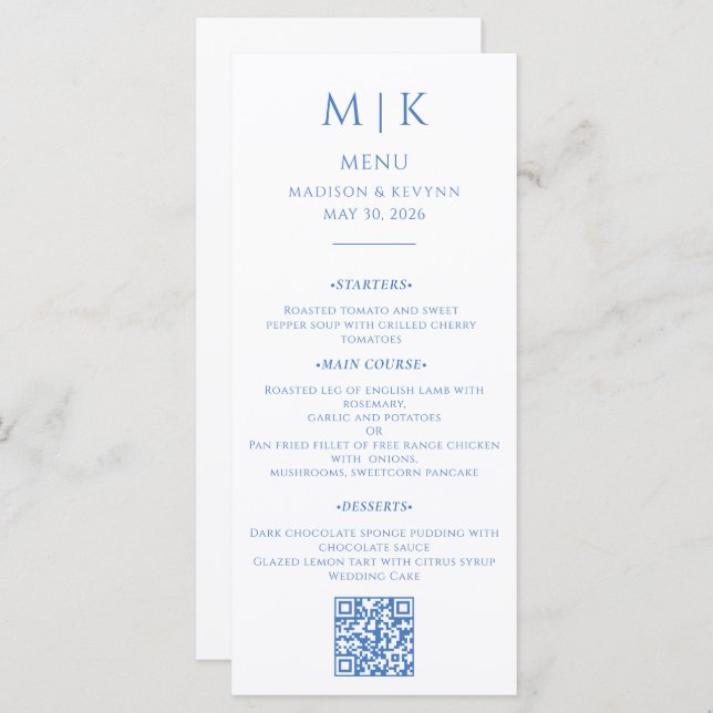 Minimal und Chic | QR-Code für Blue Wedding Menükarte (Vorne/Hinten)
