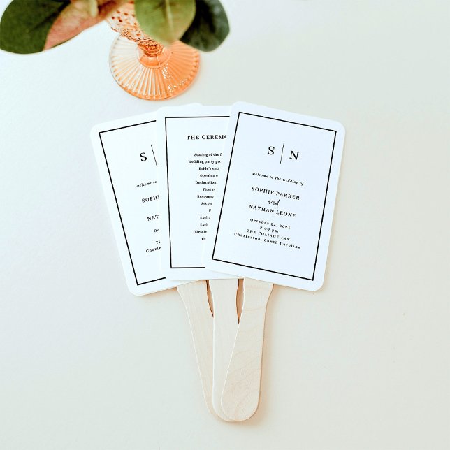 Minimal und Chic | Schwarz-Weiß-Grenzhochzeit Fächer (Modern and minimalist wedding welcome program fans in black and white with your monogram)