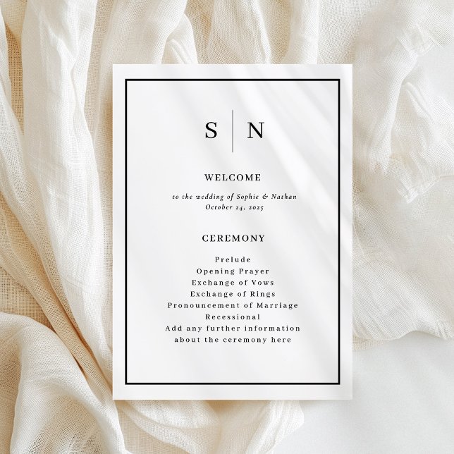 Minimal und Chic | Schwarz-Weiß-Grenzhochzeit Programm (A minimal and chic wedding program in black and white, with your monogram)