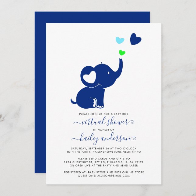 Minimal Virtual Baby Dusche Blue Boy Elephant Einladung (Vorne/Hinten)