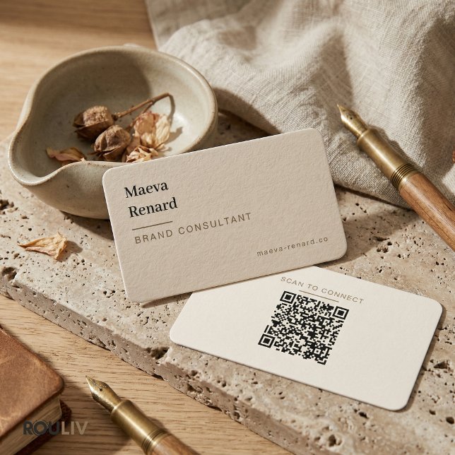Minimal Warm Beige Linen Texture QR Code Freelance Visitenkarte (Wabi-Sabi Warm Beige Linen Texture QR Code Creative Freelancer Business Card
)