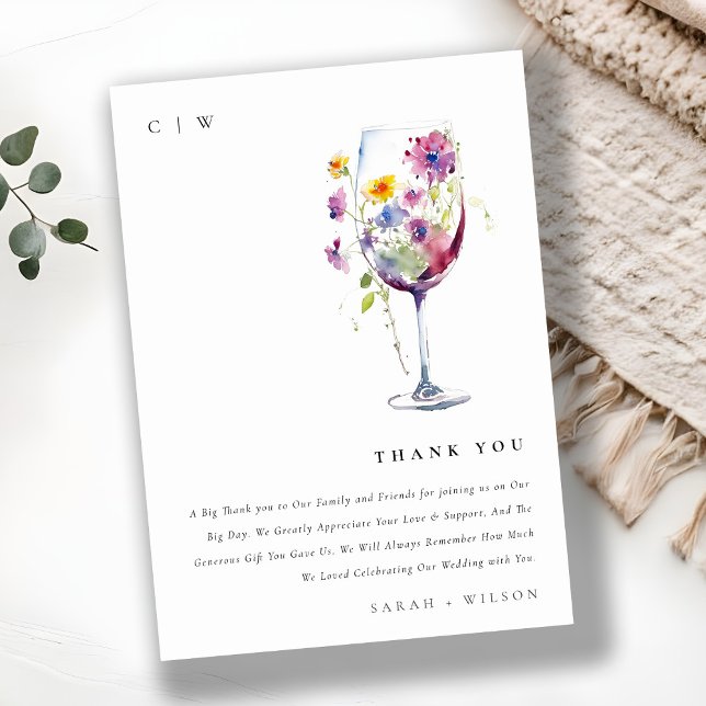 Minimal Wasserfarben Blumenwein Hochzeit Dankeskarte (Von Creator hochgeladen)