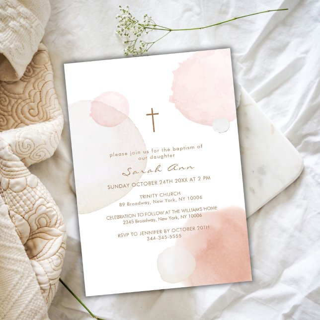 Minimal Watercolor Boho Gold Cross Taufe Einladung (Minimal Watercolor Boho Gold Cross Baptism Invitation)