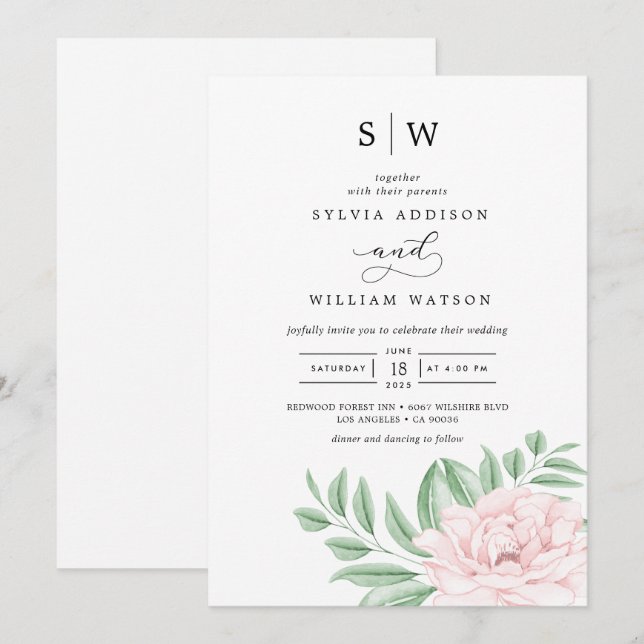 Minimal Watercolor Eukalyptus Blush Pink Wedding Einladung (Vorne/Hinten)