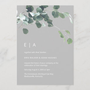Minimal Watercolor Eukalyptus Greenery Monogram Einladung