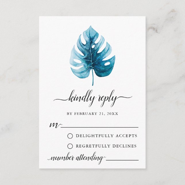 Minimal Watercolor Monstera Leaf RSVP Karte (Vorderseite)