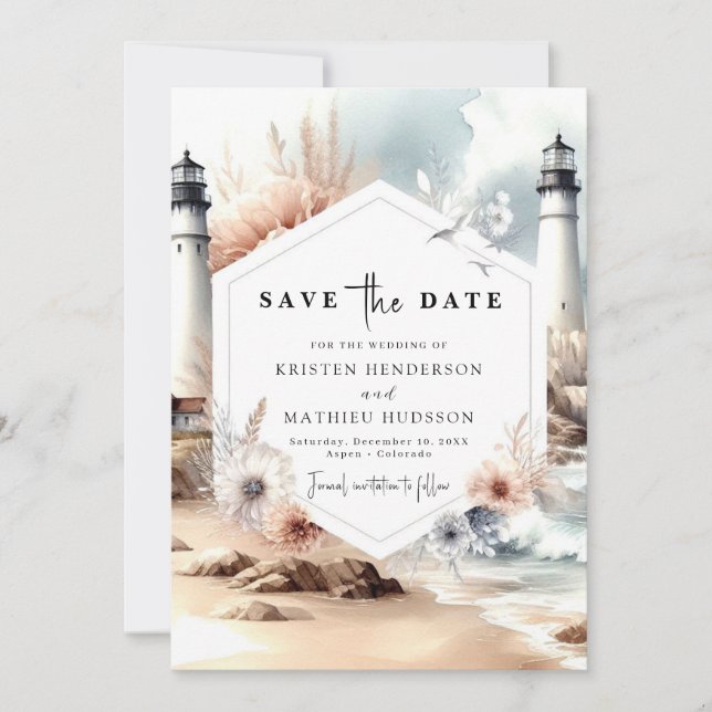 Minimal Waves Lighthouse Hochzeit Save The Date (Vorderseite)