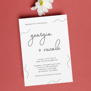 Minimal Wavy Lines Whimsical Script Names Wedding Einladung