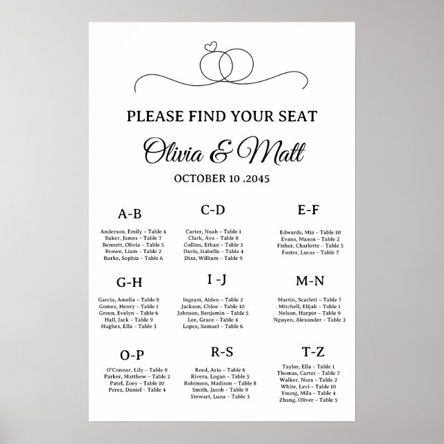Minimal Wedding Alphabetical Seating Chart Poster (Vorne)