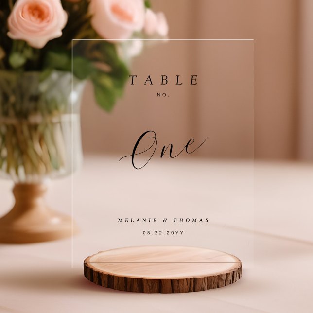Minimal Wedding Elegante Black Script Tischnummer Acrylschild (Minimal Wedding Elegant Black Script Table Number Acrylic Sign)