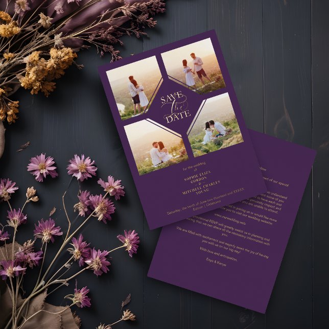 Minimal Wedding Purple & Gold 4-Photos Collage Folieneinladung (Minimal Wedding Purple & Gold 4-Photos Collage Metallic Foil Save the Date with Envelope.)