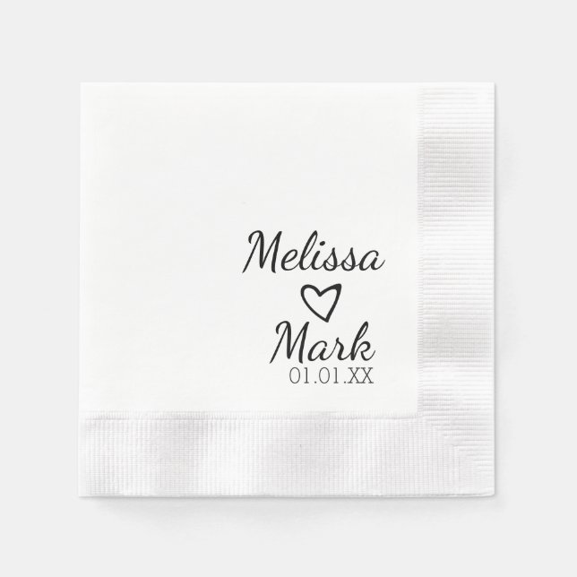 Minimal Wedding Simple Black Heart White Monogram Serviette (Vorderseite)