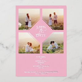 Minimal Wedding Soft Blush Pink & Silver 4-Photos Folieneinladung