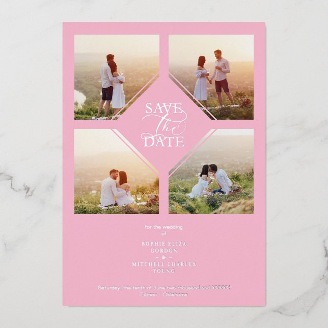 Minimal Wedding Soft Blush Pink & Silver 4-Photos  Folieneinladung (Vorderseite)