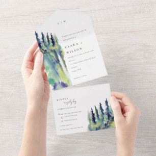 Minimal weiche Pine Tree Landschaft Hochzeit All In One Einladung