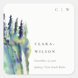 Minimal weiche Pine Tree Landschaft Hochzeit Quadratischer Aufkleber