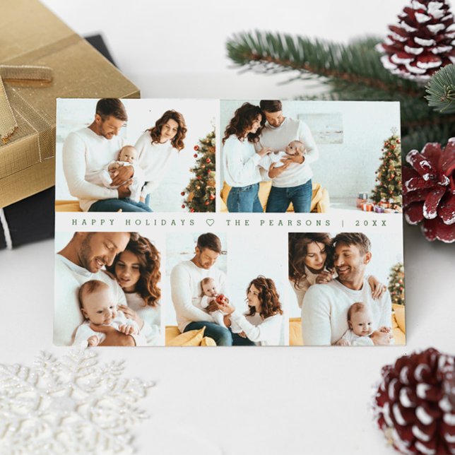 Minimal Weihnachten Moderne Familienfotografie Grü (Minimalist green white family photo collage happy holidays card.)