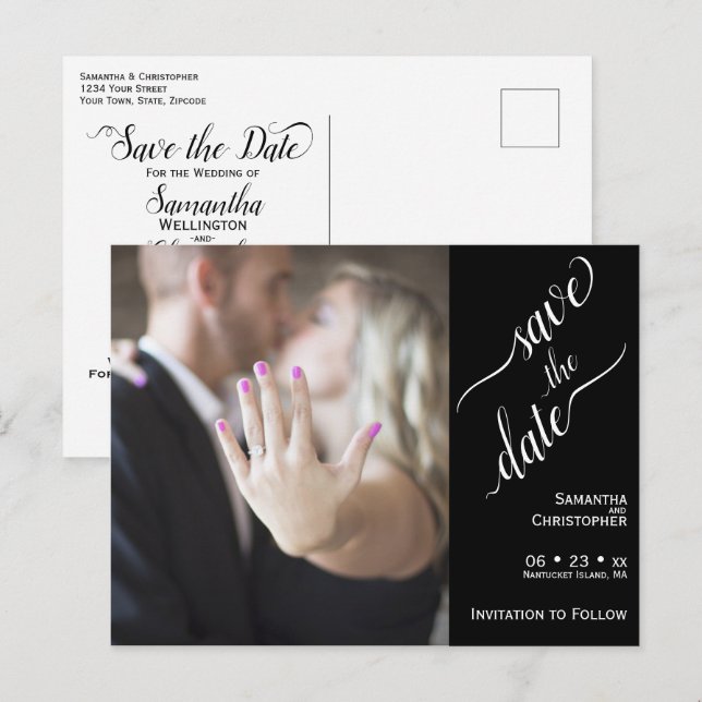 Minimal Weiß auf Schwarze Hochzeit Speichern Sie d Postkarte (Vorne/Hinten)
