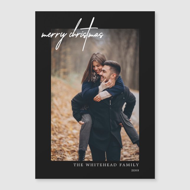 Minimal weiße Weihnachten Schwarze Magnetkarte (Vorderseite)