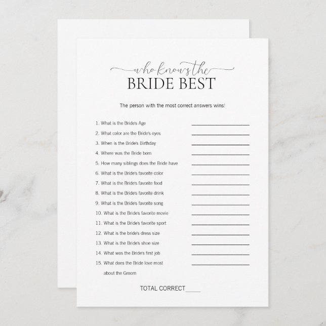 Minimal wer das Bride Brautparty Game kennt Einladung (Vorne/Hinten)
