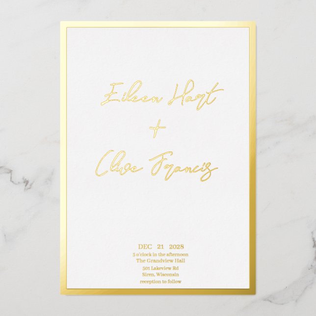 Minimal White Goild Border Typografy Wedding Folieneinladung (Vorderseite)