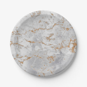 Minimal White Gray Carrara Gold Marmor Grungy Silv Pappteller