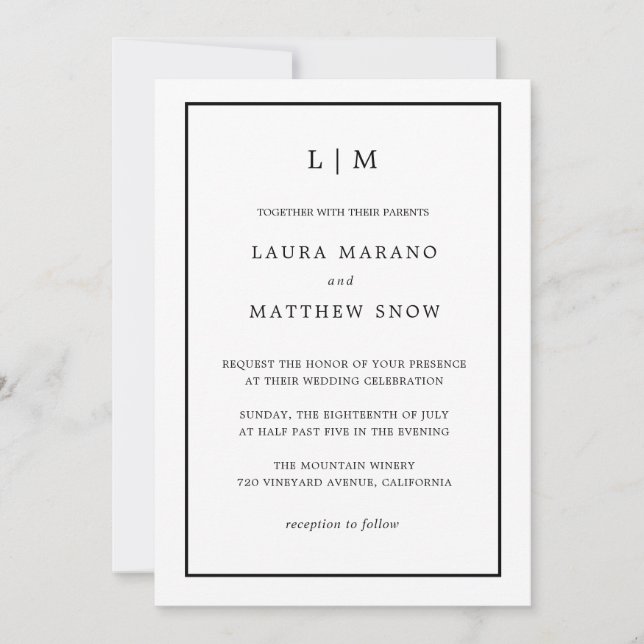 Minimal White Monogram Simple Wedding Einladung (Vorderseite)