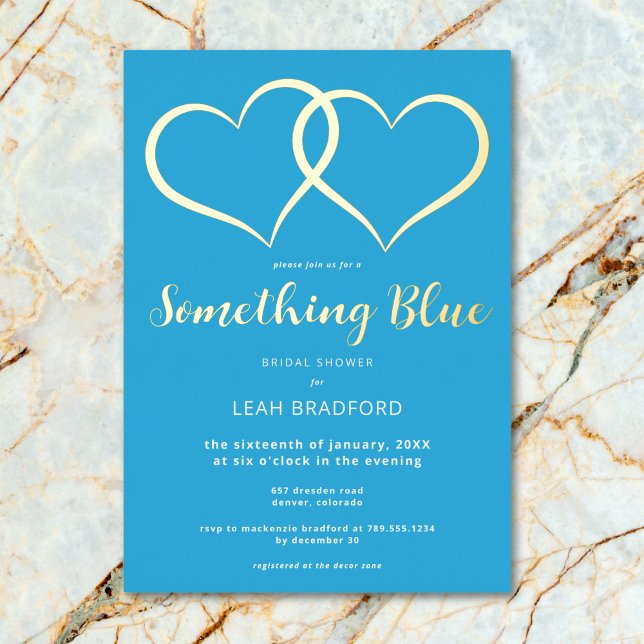 Minimal zwei Herz etwas blaues Brautparty Folieneinladung (Minimal Two Hearts Something Blue Bridal Shower Foil Invitation)
