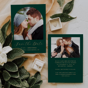 Minimale 2-Foto-Boho-Architektur Smaragdgrün Gold Save The Date