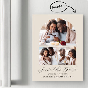 Minimale 3-Foto-Bogen-Beige-Save-the-Date-Karte Magneteinladung