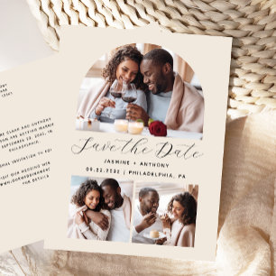Minimale 3-Foto-Collage Bogen Beige Save the Date Postkarte
