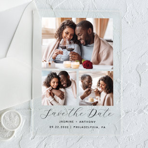Minimale 3-Foto-Collage-Hochzeit Save the Date Acryleinladungen