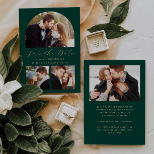 Minimale 4-Foto-Boho-Architektur Smaragdgrün Gold Save The Date