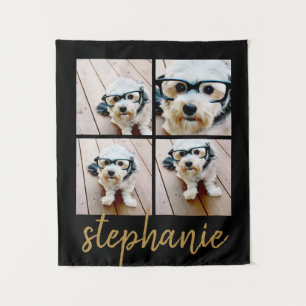 Minimale 4-Foto-Collage - Schwarz - Gold-Schriftte Wandteppich